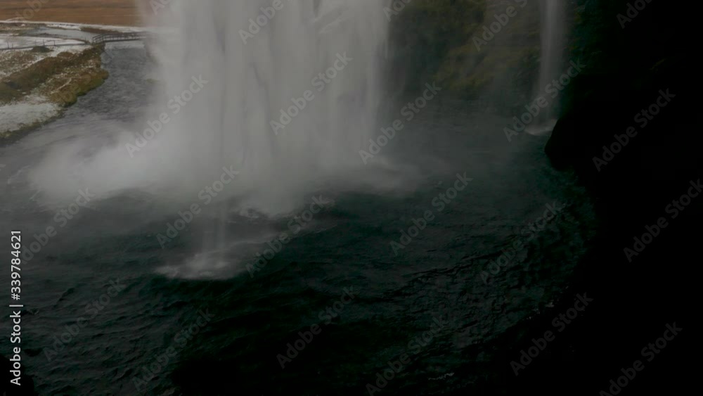 View of Seljalandsfoss waterfall in Iceland from behind View of Seljalandsfoss waterfall in Iceland from behind