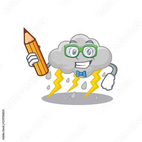 A brainy student cloud stormy cartoon character with pencil and glasses
