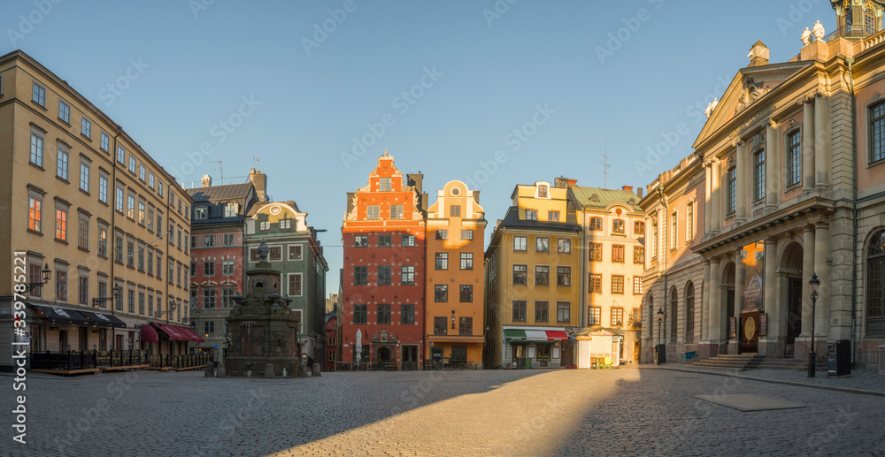 Morning view over the empty square 
Stor Torget in the old town district Gamla Stan in Stockholm at the corona shut down 