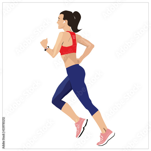 Sports girl in a fitness bracelet and earphone is running. Girl in full growth isolated on white background in a red top in vector.