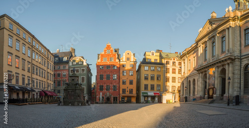 Morning view over the empty square Stor Torget in the old town district Gamla Stan in Stockholm at the corona shut down 