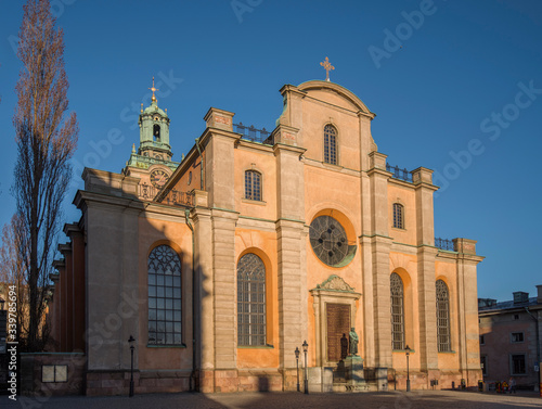 The church Storkyrkan in the old town district Gamla Stan a sunny morning in a empty Stockholm at corona shut down
