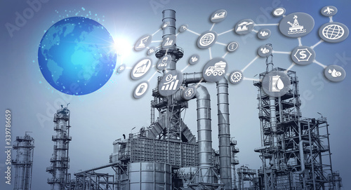 The oil refinery at industry zone. icons concept modern of fuel industrial network.The distillation process may cause pollution but does not have severe impact on the environment