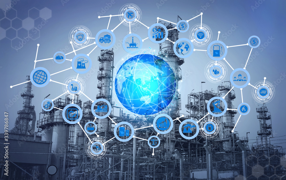 The double exposure of Industry 4.0 with Oil and gas refinery background. icons concept Technology of manufacturing and oil refining industry The double exposure of Industry 4.0 with Oil and gas refinery background. icons concept Technology of manufacturing and oil refining industry