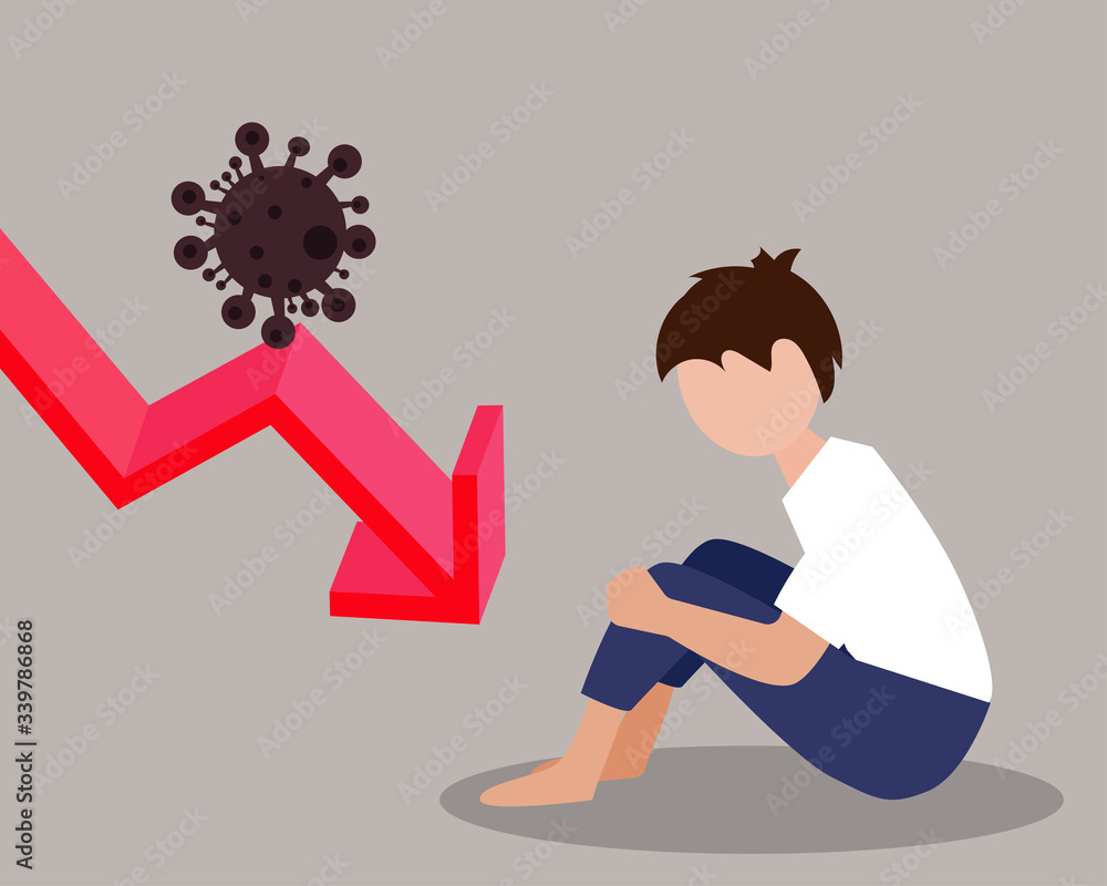 Economy down with Covid-19 crisis concept: There is a sad man who out ...