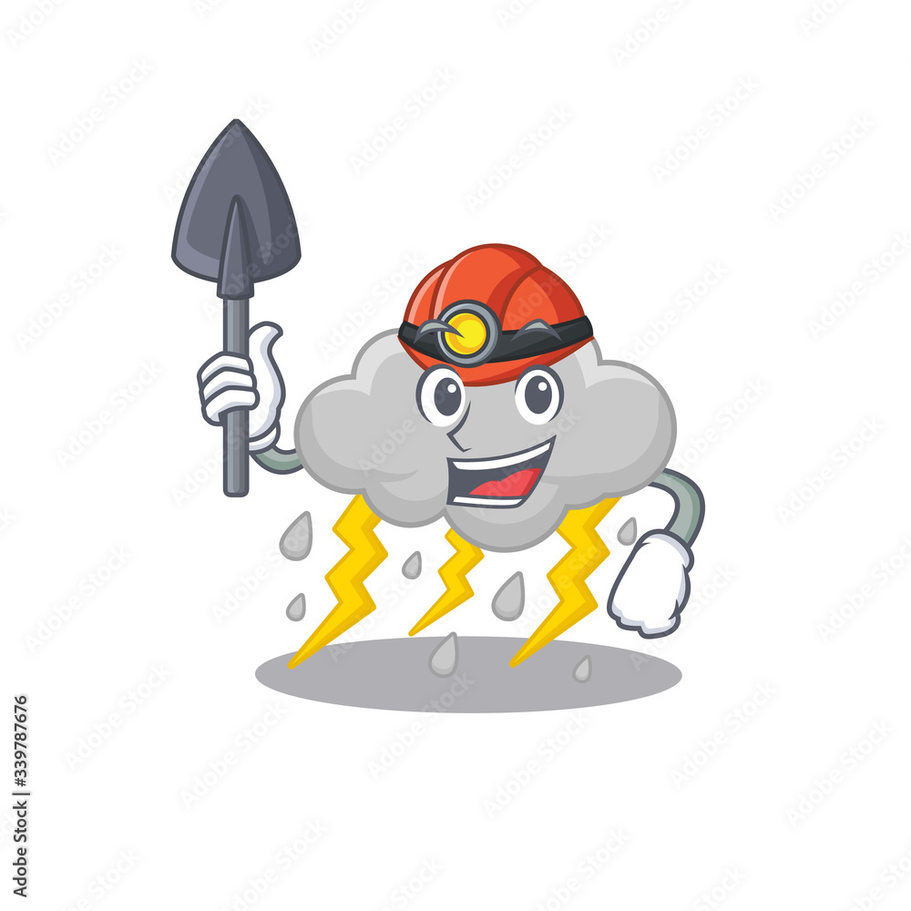 Cloud stormy miner cartoon design concept with tool and helmet