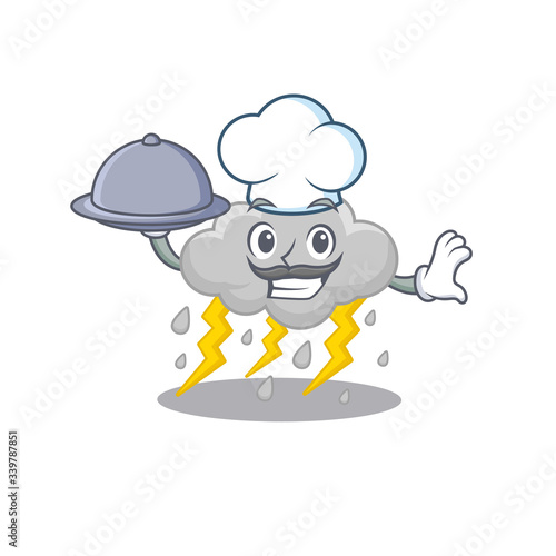 Cloud stormy chef cartoon character serving food on tray © kongvector