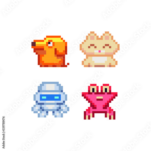 Cute animals abstract characters. Cat, dog, android and crab. Pixel art style. Pet shop logo.  8-bit sptite. Isolated abstract vector illustration. Embroidery or knitting design. © thepolovinkin
