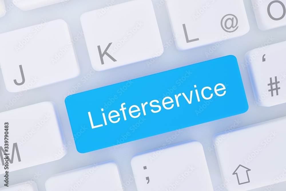 Lieferservice. Computer Tastatur von oben zeigt Taste mit Wort hervorgehoben. Software, Internet, Programm Lieferservice. Computer Tastatur von oben zeigt Taste mit Wort hervorgehoben. Software, Internet, Programm