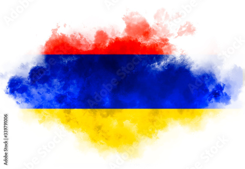 Armenian flag performed from color smoke on the white background. Abstract symbol.