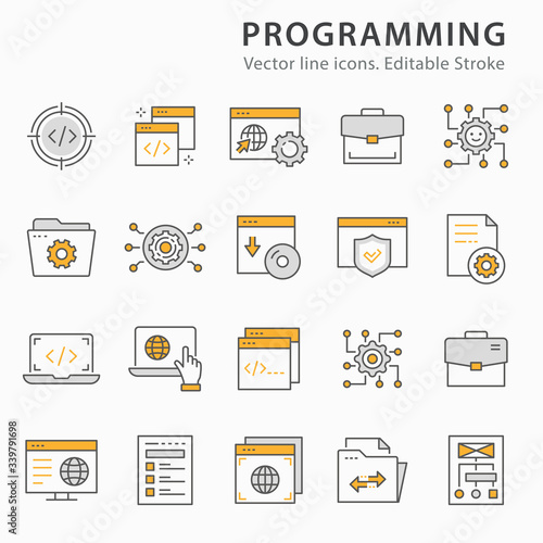 Programming flat line icon set. Vector illustration. Editable stroke.