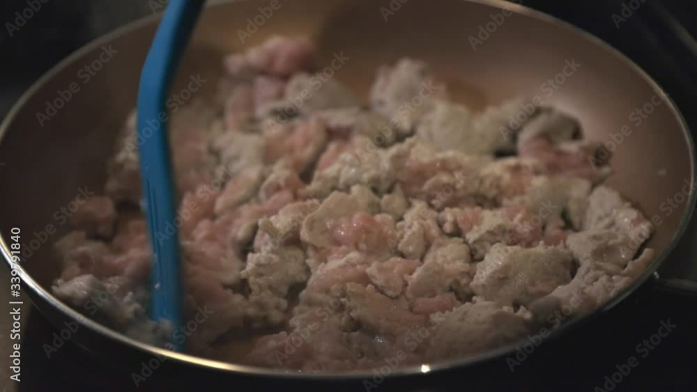 Chef Cooking A Ground Beef Roasted On A Frying Pan in The Kitchen - Closeup Shot Chef Cooking A Ground Beef Roasted On A Frying Pan in The Kitchen - Closeup Shot
