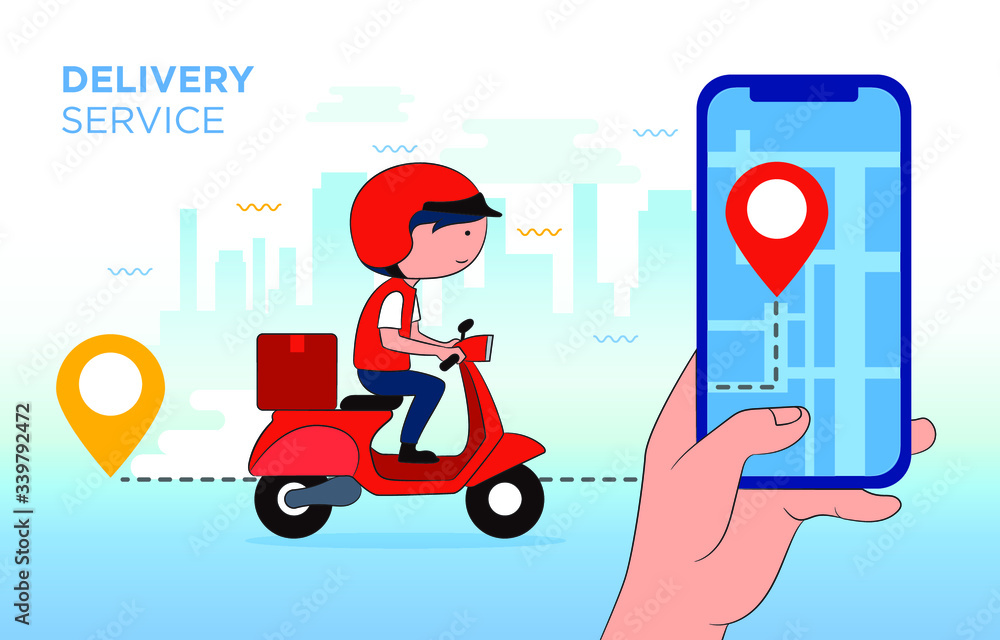 Fast delivery by scooter on mobile. E-commerce concept. Online food order infographic. Webpage, app design. Delivery Boy Ride Scooter Motorcycle , Top or Above View with Service Icons Fast delivery by scooter on mobile. E-commerce concept. Online food order infographic. Webpage, app design. Delivery Boy Ride Scooter Motorcycle , Top or Above View with Service Icons