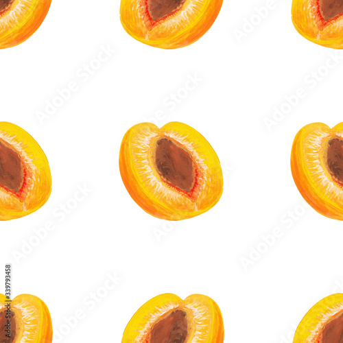 seamless pattern - half apricot with seed isolated on a white background. Square raster cutaway ripe apricot seamless print in realistic style