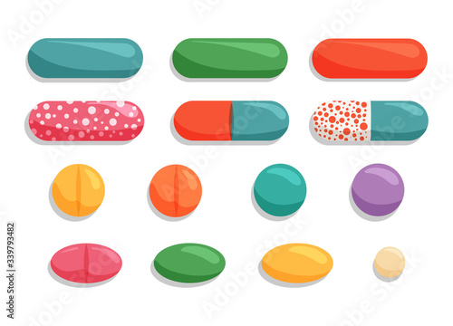 Vector illustration with colorful pills. Medical, pharmaceutical symbols isolated on white background.