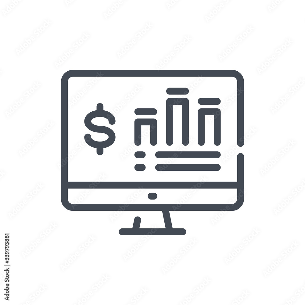 Online Financial Statistics Report line icon. Computer with finance report vector outline sign. Online Financial Statistics Report line icon. Computer with finance report vector outline sign.