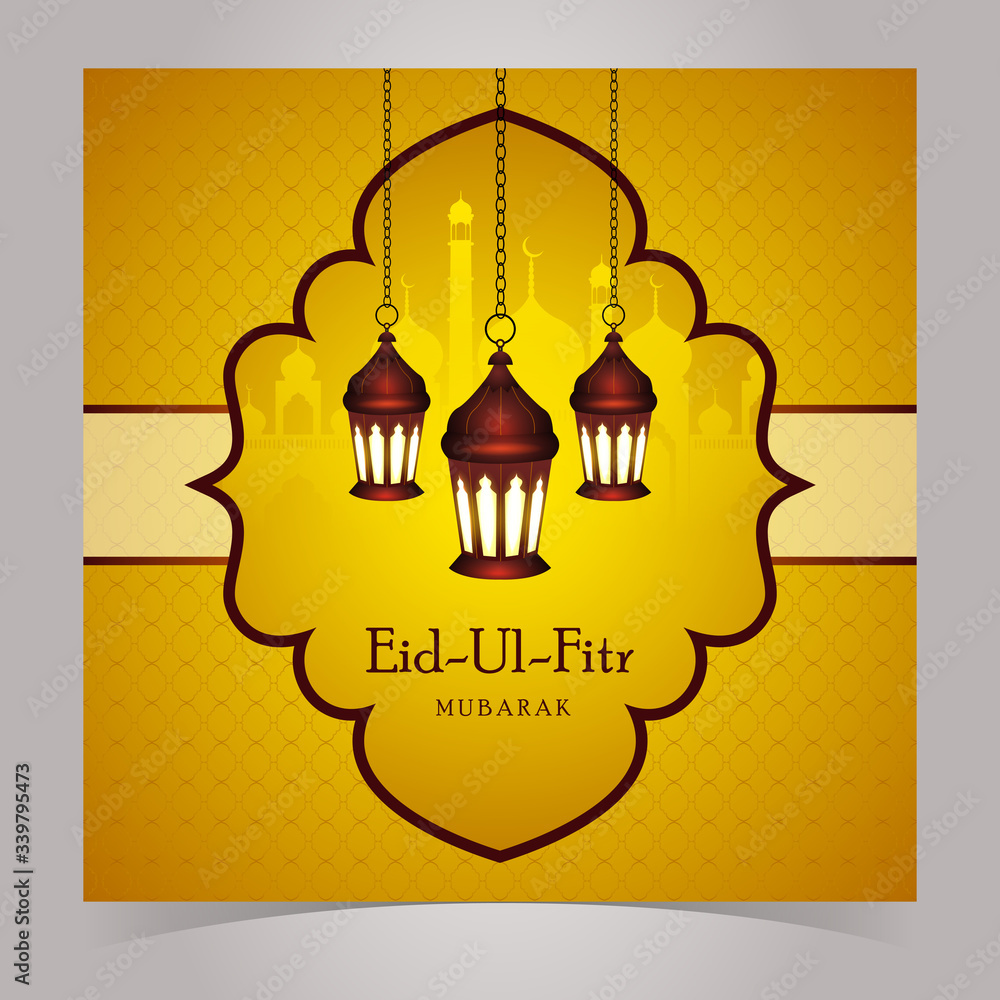 Beautiful Eid ul Fitr Mubarak Yellow color Islamic Colorful Vector Background with Brown Hangning Lanterns Lamp, Arabic Pattern and Masjid Beautiful Eid ul Fitr Mubarak Yellow color Islamic Colorful Vector Background with Brown Hangning Lanterns Lamp, Arabic Pattern and Masjid