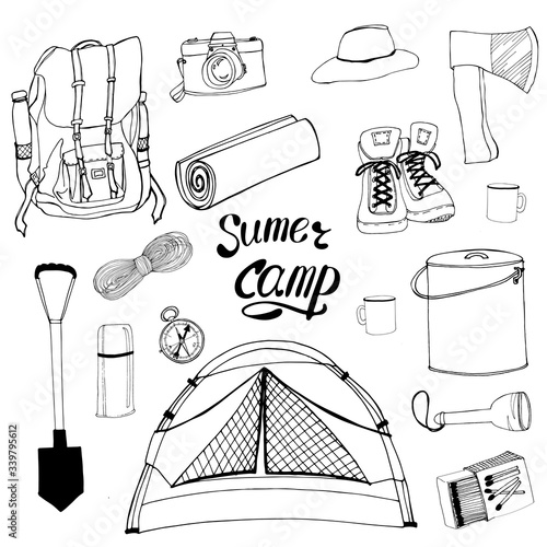 A set of camping equipment compass, backpack and tent.