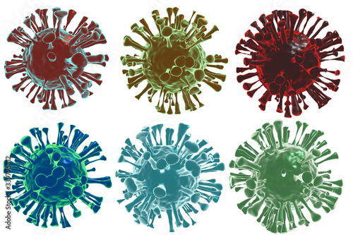 Coronavirus covid-19 under microscope rendering with various colors, isolated on white