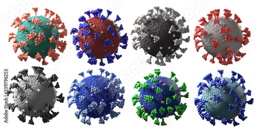 Coronavirus covid-19 under microscope rendering with various colors, isolated on white