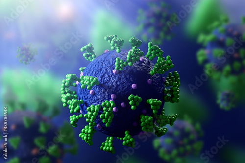 Coronavirus covid-19 under microscope rendering with 3D render
