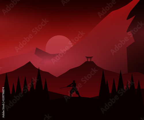 Samurai vector illustration of a mountain landscape