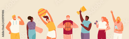 Sports happy people with fitness accessories. Healthy lifestyle vector illustration