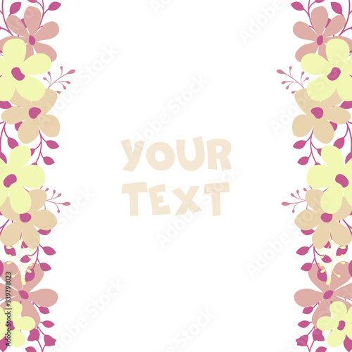 Vector floral borders; colorful frame with pink flowers for greeting cards, wedding cards, invitations, posters, banners, web design.