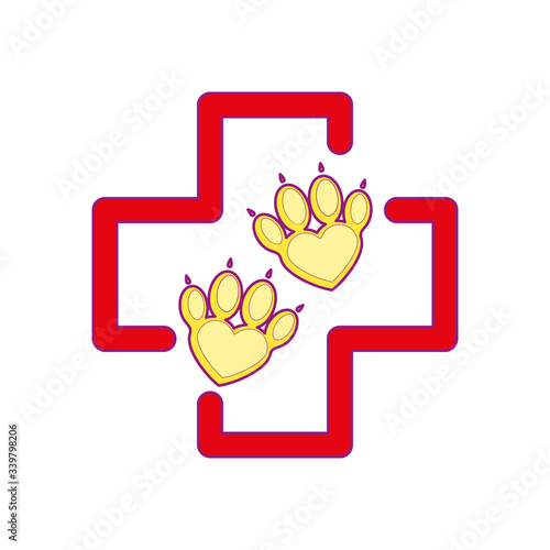Pet First Aid. Red cross and paw as heart. Vet clinic hospital logotype. Flat cartoon style