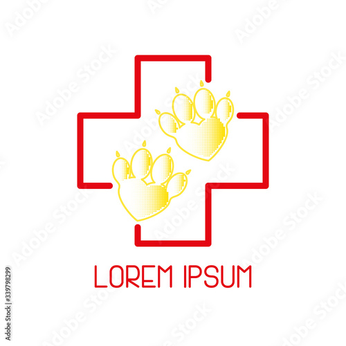 Pet First Aid. Red cross and paw as heart. Vet clinic hospital logotype. Flat cartoon style