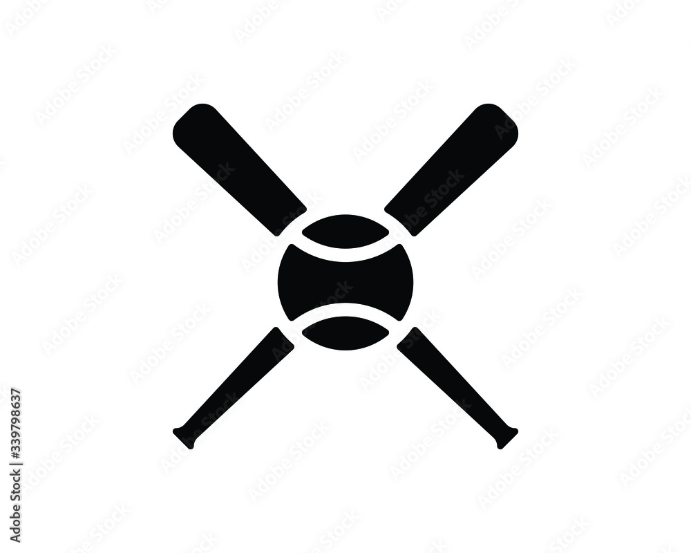 Baseball on a crossed bat silhouette logo icon. Baseball on a crossed bat silhouette logo icon.
