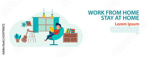banner of cartoon version of working home and stay home with flat design