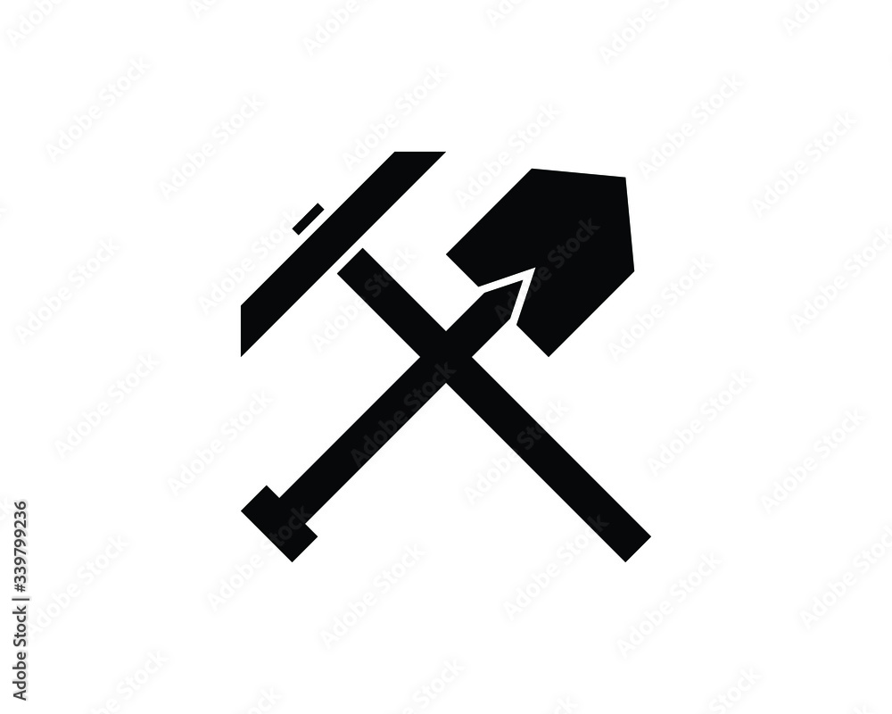 Pick and shovel. Miner and digger tool. Iron pickaxe. Logo of Labour