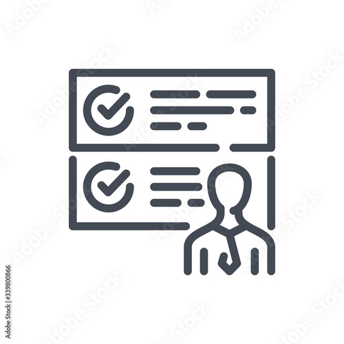 Business Person with to-do list line icon. Man with checklist vector outline sign.