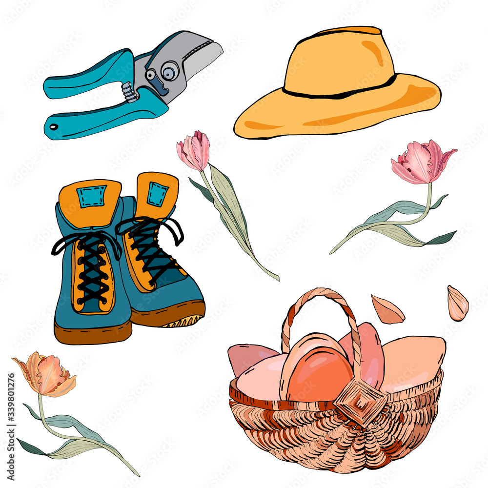 Naklejka premium Set of garden elements. Handmade watercolor illustration.