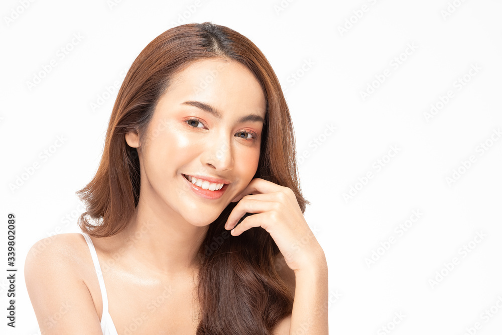 Beauty asian women touching soft cheek portrait face with natural skin and skin care healthy hair and skin close up face beauty portrait.Beauty Concept on white background. Beauty asian women touching soft cheek portrait face with natural skin and skin care healthy hair and skin close up face beauty portrait.Beauty Concept on white background.