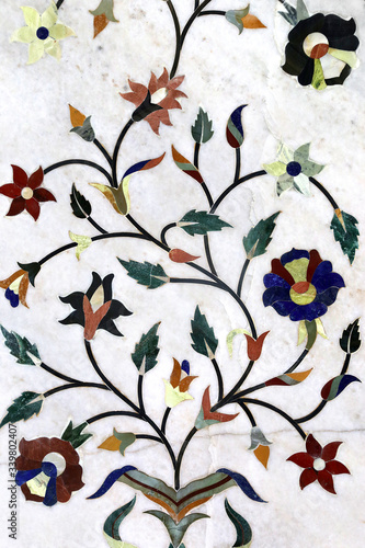 Amritsar, India - 03/05/2020: Marble inlay in the decoration of the Golden Temple complex.