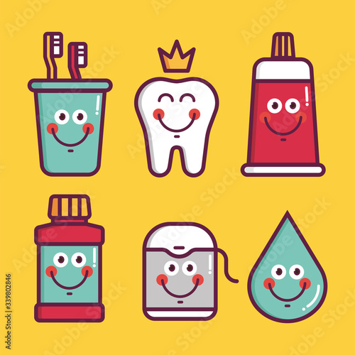 Kids oral care vector set. Dental hygiene for child - icons glass with brush, king teeth, toothpaste, lotion, floss, water
