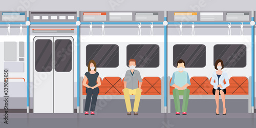 Social distancing concept with people wearing medical masks on subway train.