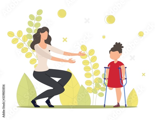 Injured Child, Kid with Disability Rehabilitation, Family Support Trendy Flat Vector Concept. Little Girl with Leg Amputation Walking with Crutches, Woman Wants to Hug Disabled Daughter Illustration