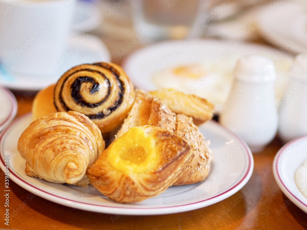 Mini Cinnamon pie cup of coffee and croissant Mini Cinnamon pie cup of coffee and croissant