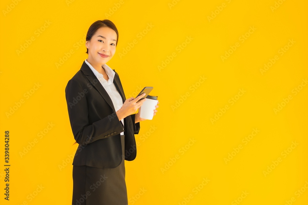 Portrait beautiful young asian woman with phone and coffee cup Portrait beautiful young asian woman with phone and coffee cup