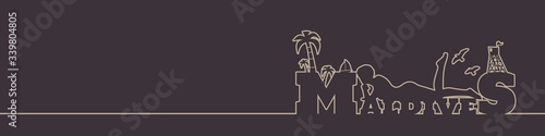 Young woman sunbathing on a beach. Silhouette of the relaxing girl on a Maldives text. Palm and lifeguard tower on backdrop. Birds in the sky. Horizontal thin line style web banner