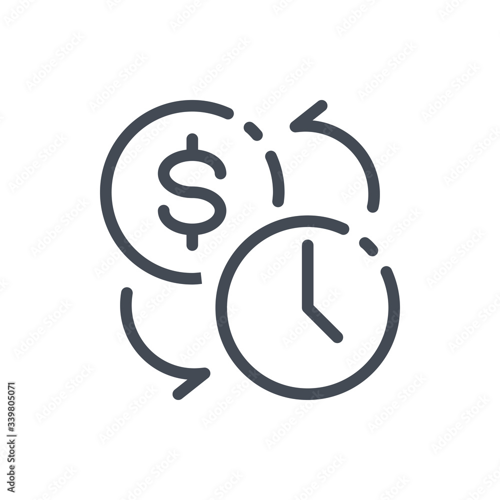 Time is money, Clock with Dollar Coin line icon. Hourly Wage vector outline sign. Time is money, Clock with Dollar Coin line icon. Hourly Wage vector outline sign.