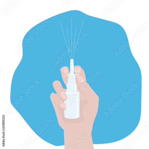 Hand holds spray for nose. Using sprays to ease breathing during the allergy and cold season, vector illustration