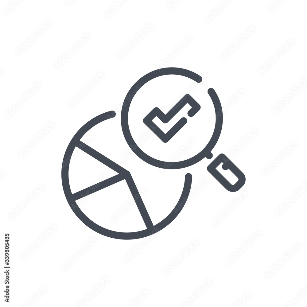 Statistics search line icon. Chart research with checkmark vector outline sign. Statistics search line icon. Chart research with checkmark vector outline sign.