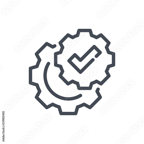 Gear with Check Mark line icon. Maintenance Service with Tick vector outline sign.