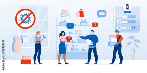 Business Character Fashion Boutique at Work after Covid19. Shop Assistant and Customer in Respiratory Medical Mask Glove Talking about Clothes Sale, Blouse Price. Commerce, Marketing after Pandemic
