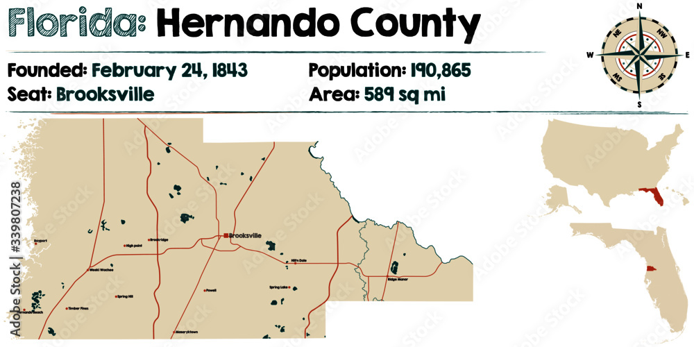 Large and detailed map of Hernando county in Florida, USA.