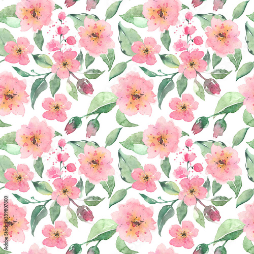 Watercolor peach and pink flowers seamless pattern. Abstract painting background. Rustic background.